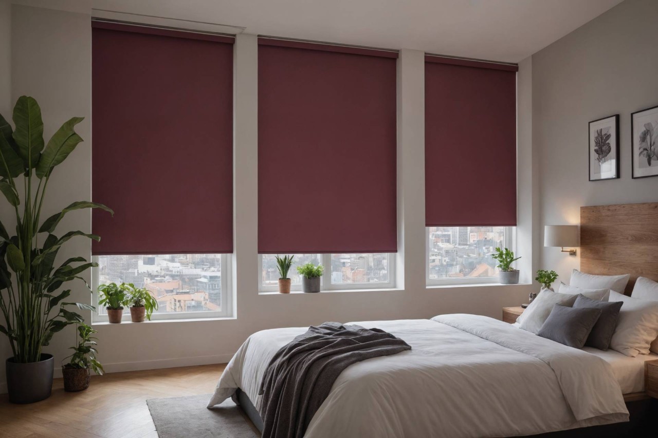 A bedroom with roller shades and a city skyline view at Desert Shades and Drapery near Phoenix, AZ